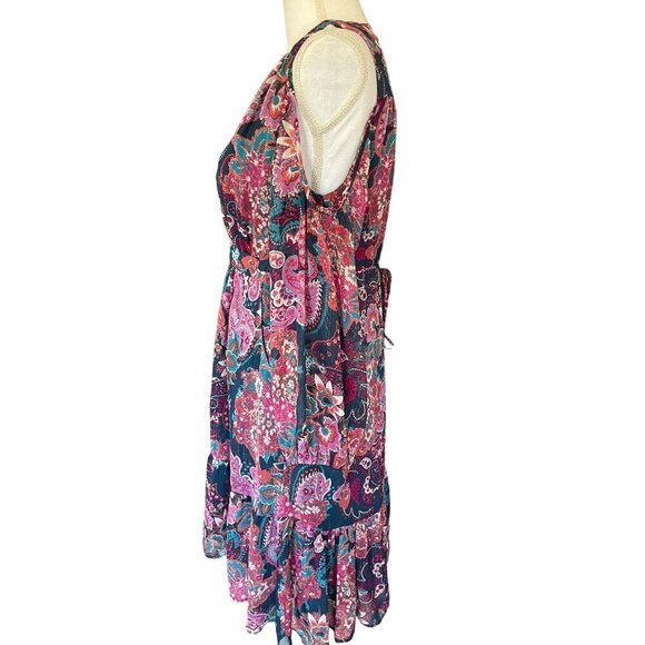 Aqua Women's Boho Dress Size M Floral Cold Shoulder Sheer Sleeves V-Neck Pockets - Picture 4 of 12